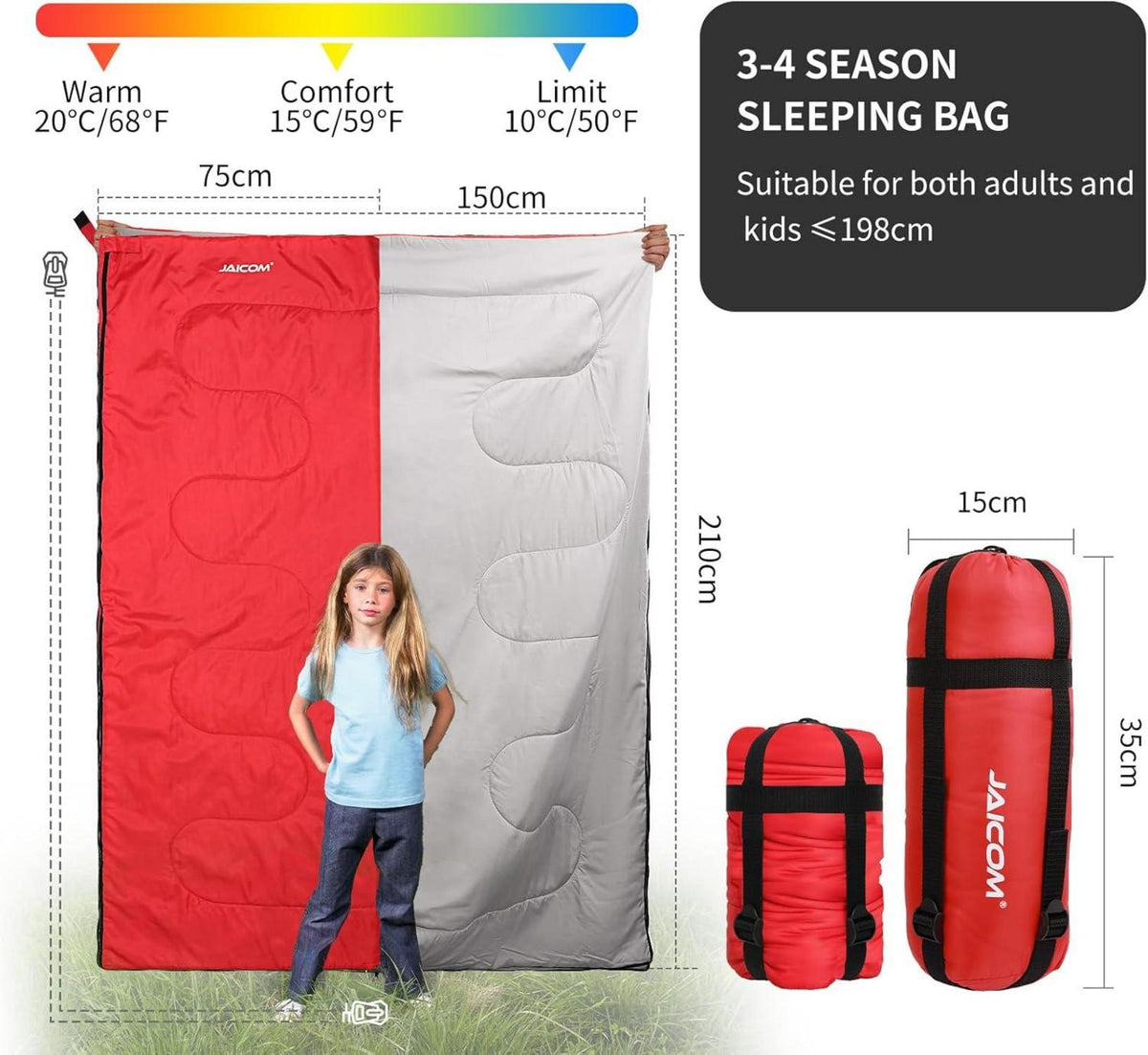 JAICOM Ultraleichter Sommerschlafsack Camping Erwachsene Rot