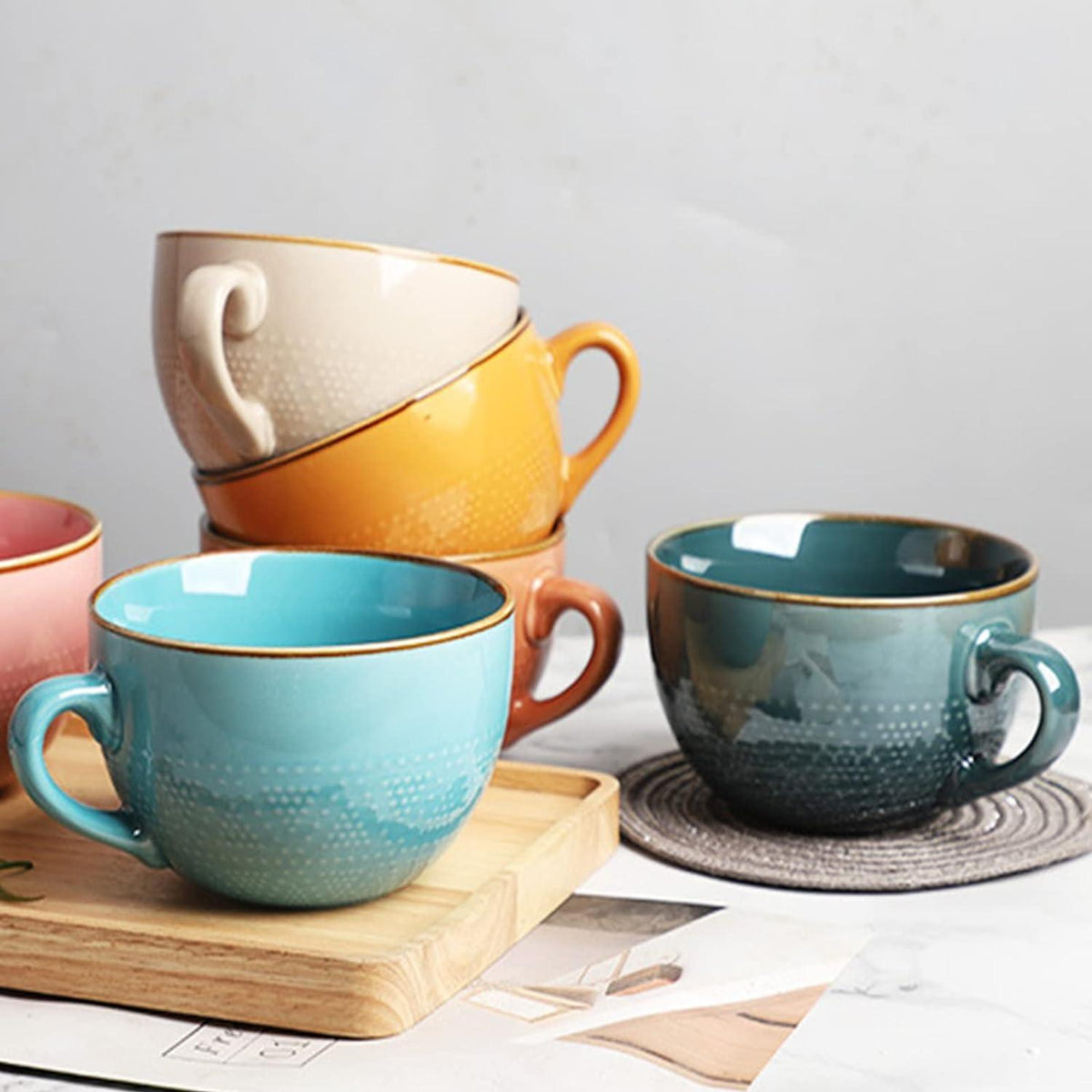 Große Keramik Tee Kaffeetasse 700ml Rosa XXL mit Henkel und Schale