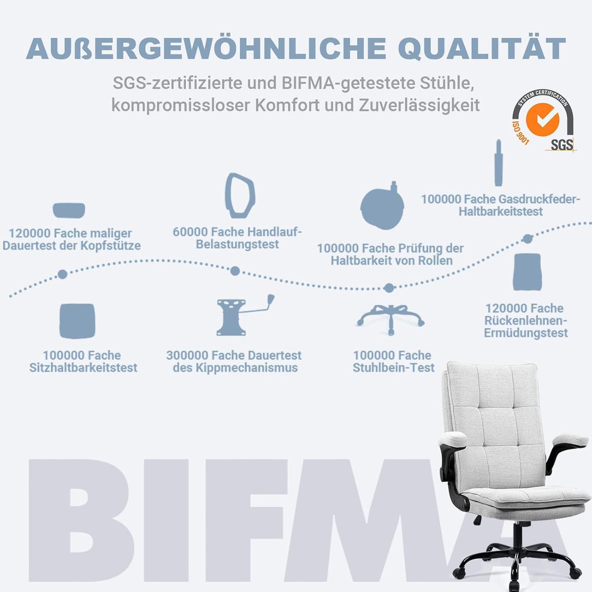 Ergonomischer Bürostuhl mit klappbaren Armlehnen, drehbar, höhenverstellbar - Grau