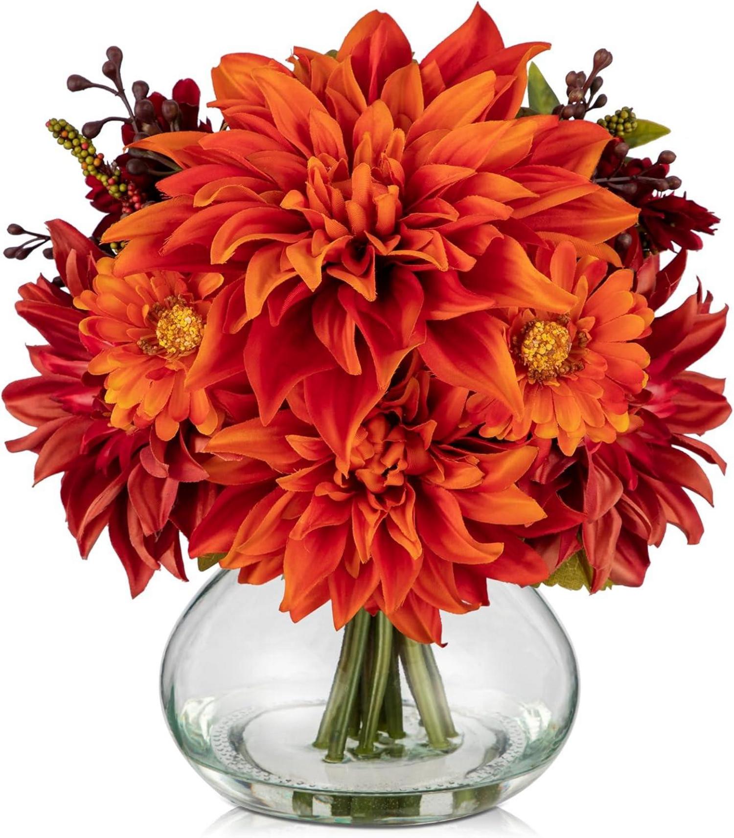 Künstliche Dalia Herbstblumenarrangement Oval Glasvase Orange