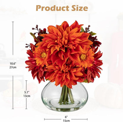 Künstliche Dalia Herbstblumenarrangement Oval Glasvase Orange