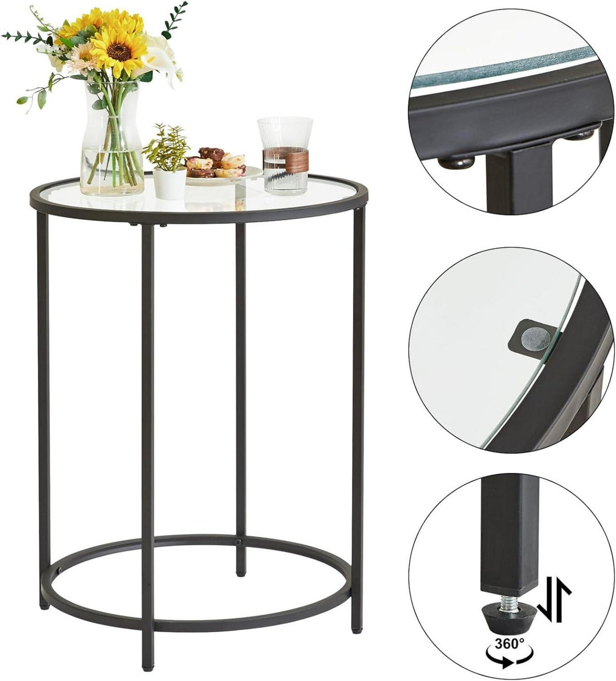 Runder Beistelltisch gehärtetes Glas Metallrahmen schwarz 50 x 65 cm