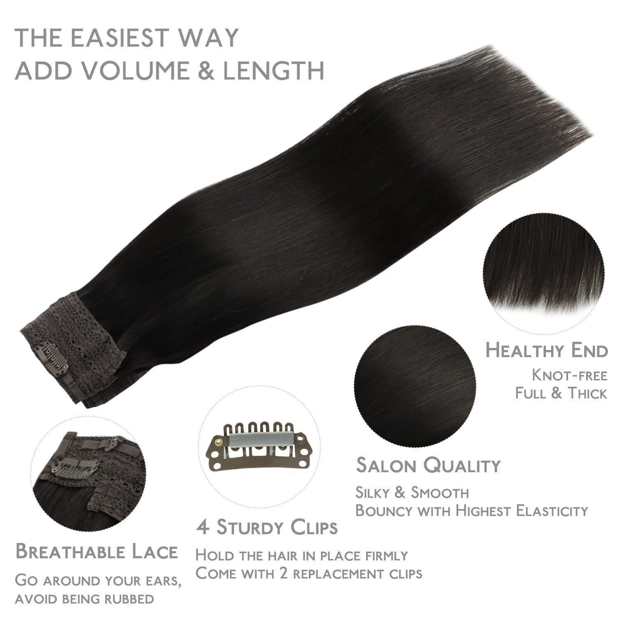 Flip-In Haarverlängerung Echthaar 40cm Naturschwarz Unsichtbarer Draht