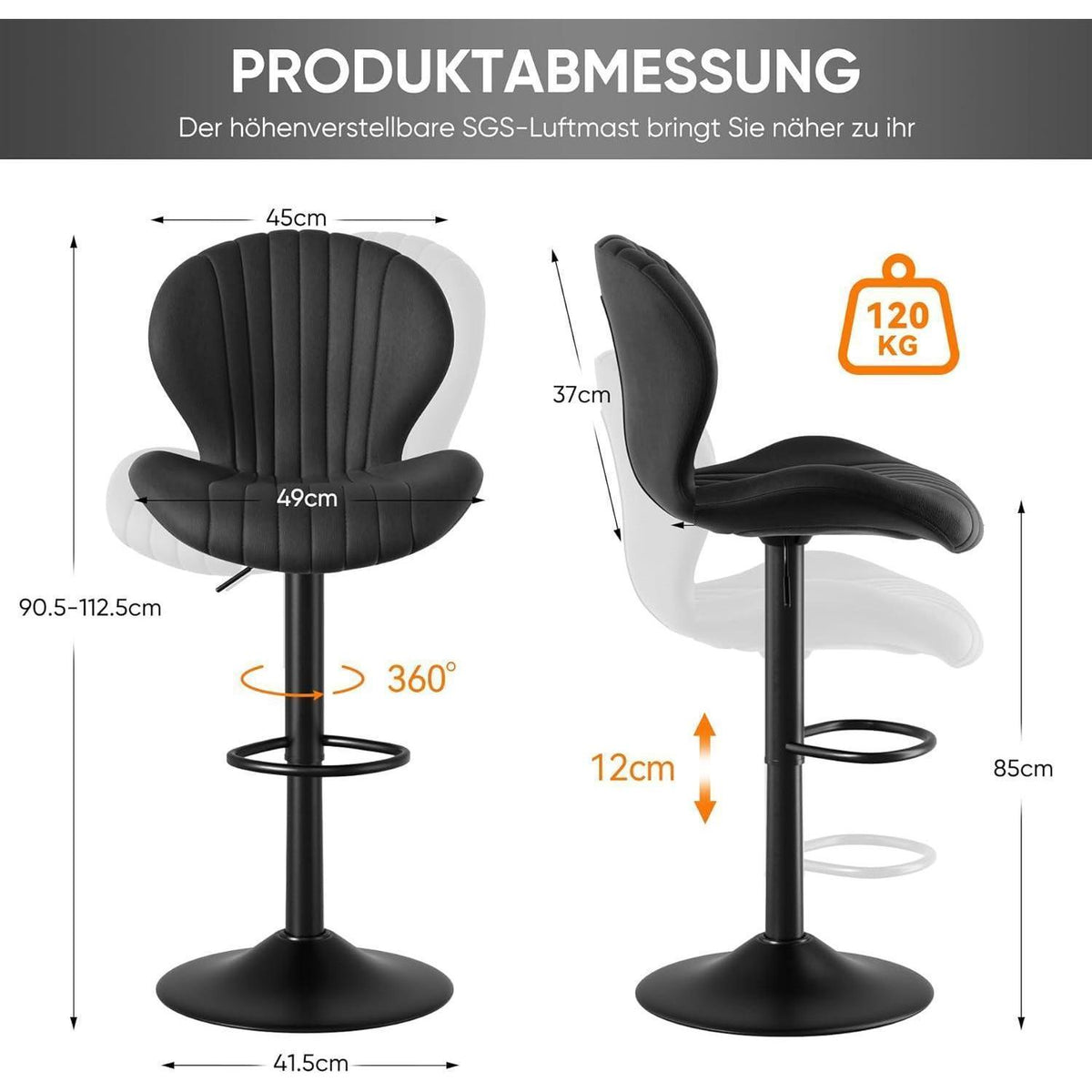 Verstellbarer Barhocker 2er Set mit Fußstütze & 360° Drehung