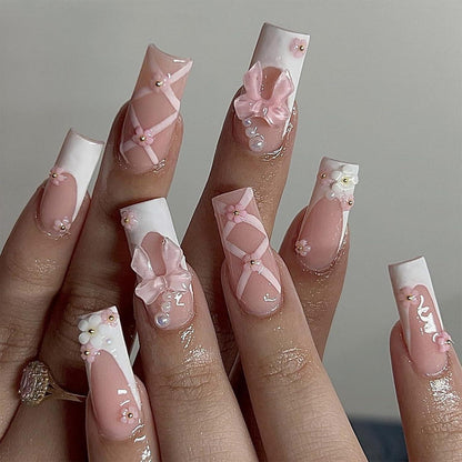 Rosa Strass Nagelset – 24 Glitzernde Blüten-Nagelspitzen
