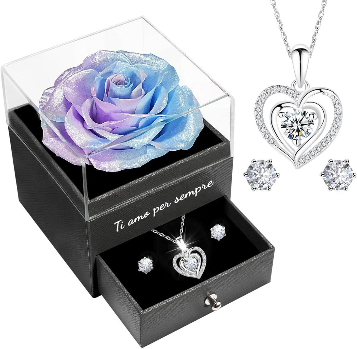 Konservierte Rose Geschenkset mit Halskette und Ohrringen