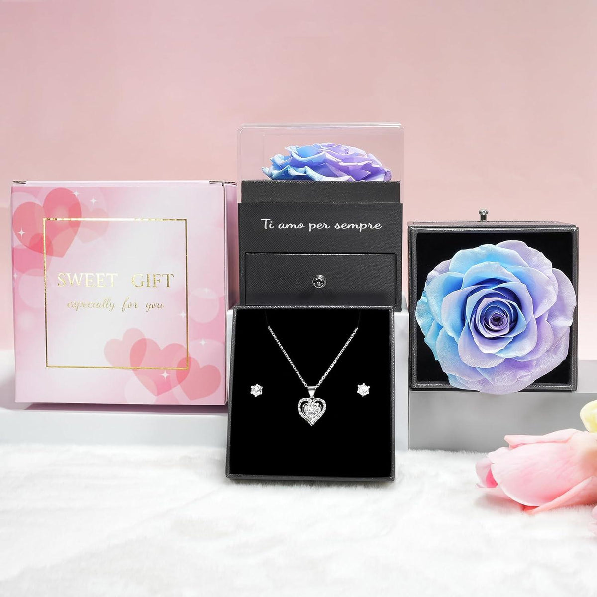 Ewige Rote Rose Geschenkset mit Halskette und Ohrringen in Geschenkbox