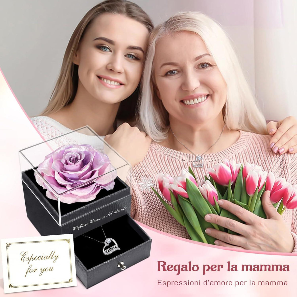 Ewige Rose Halskette 925 Silber für Mama, Muttertag Valentinstag