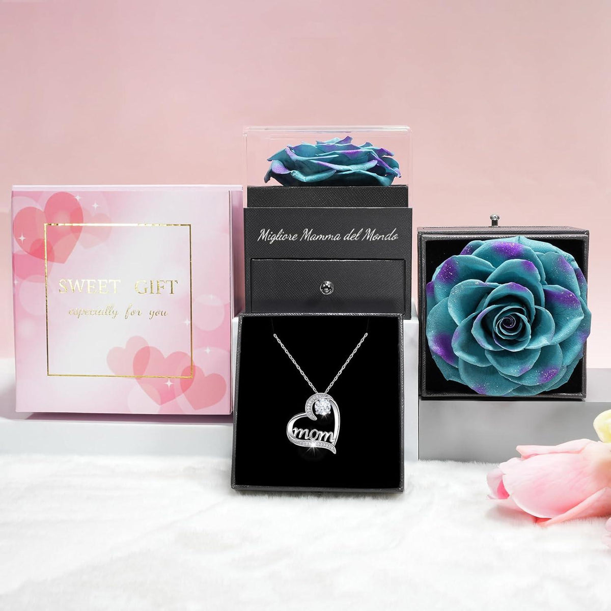 Ewige Rose Geschenkset für Mama: Rose mit Mom Halskette - Muttertag, Geburtstag, Valentinstag