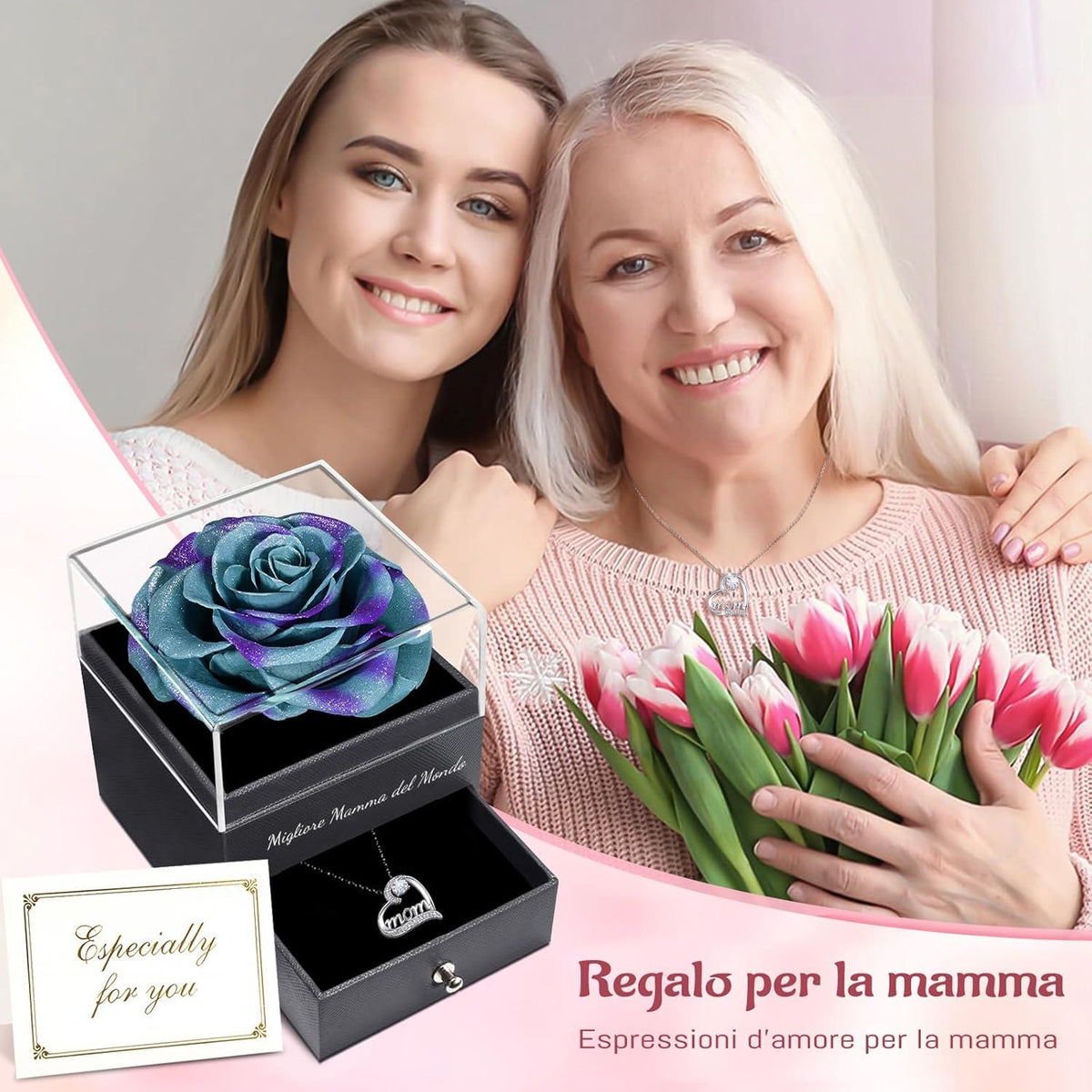 Ewige Rose & Mom Halskette Set - Geschenk für Mama