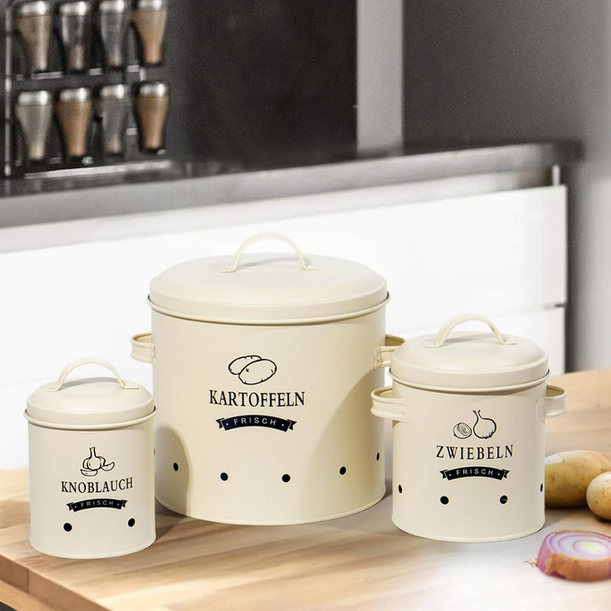 Kartoffel Vorratsdosen Set Retro Design Zwiebeltopf Metall Beige