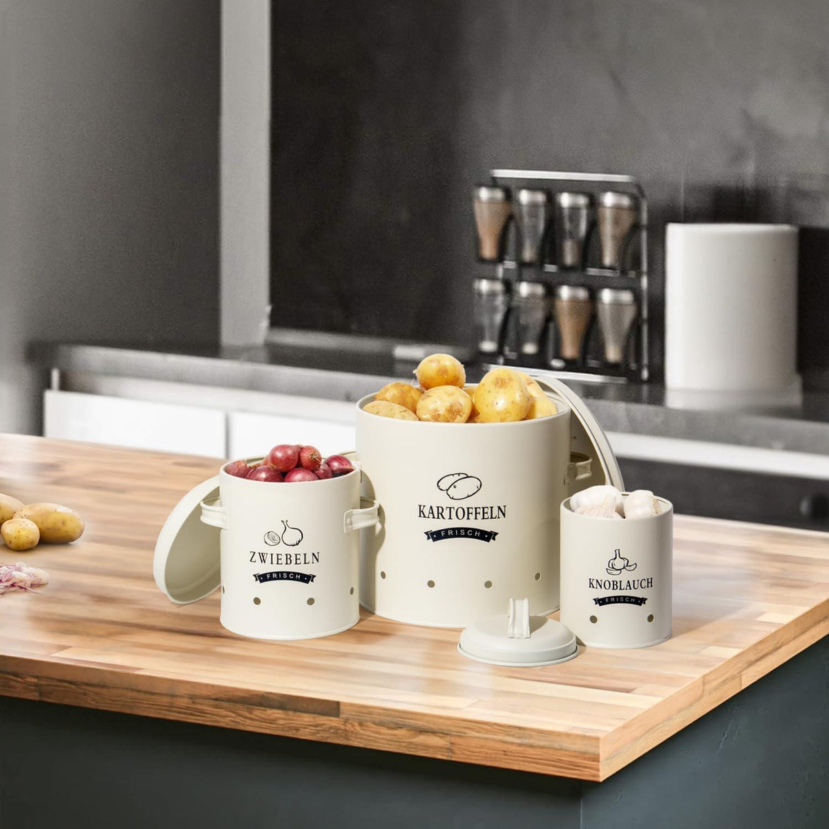 Kartoffel Vorratsdosen Set, Retro Design Zwiebeltopf, Großer Metall
