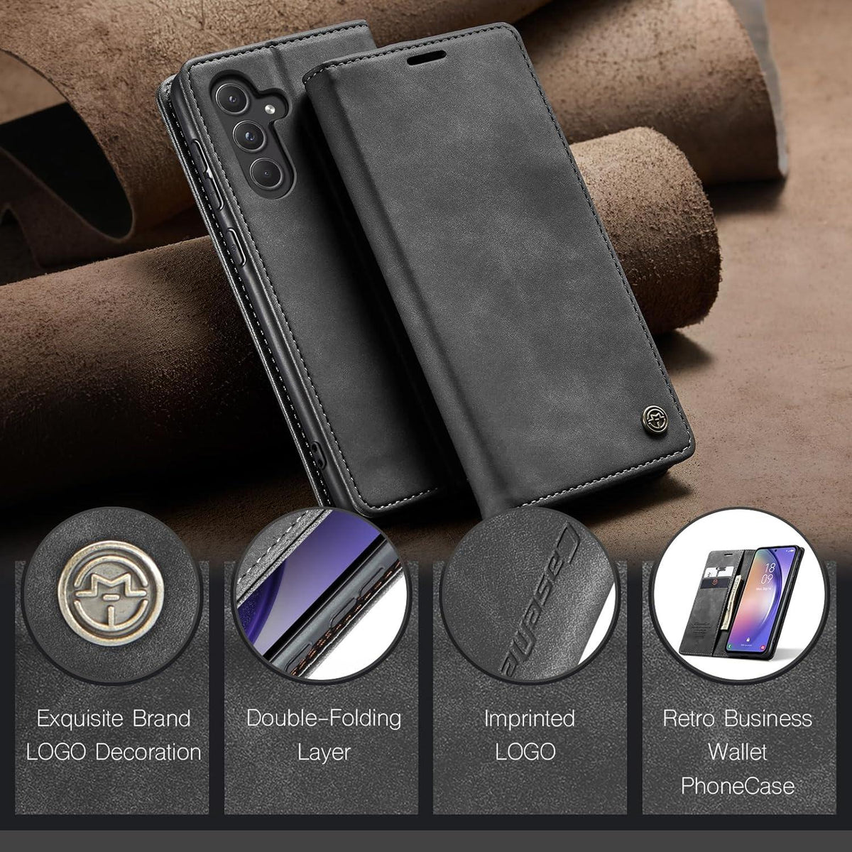 Samsung Galaxy A55 5G Handyhülle Premium Leder Flip Case Grau