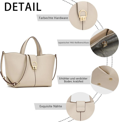 Großes Damen Umhängetasche Leder Crossbody Bag Beige Abnehmbarer Schultergurt Metallreißverschluss