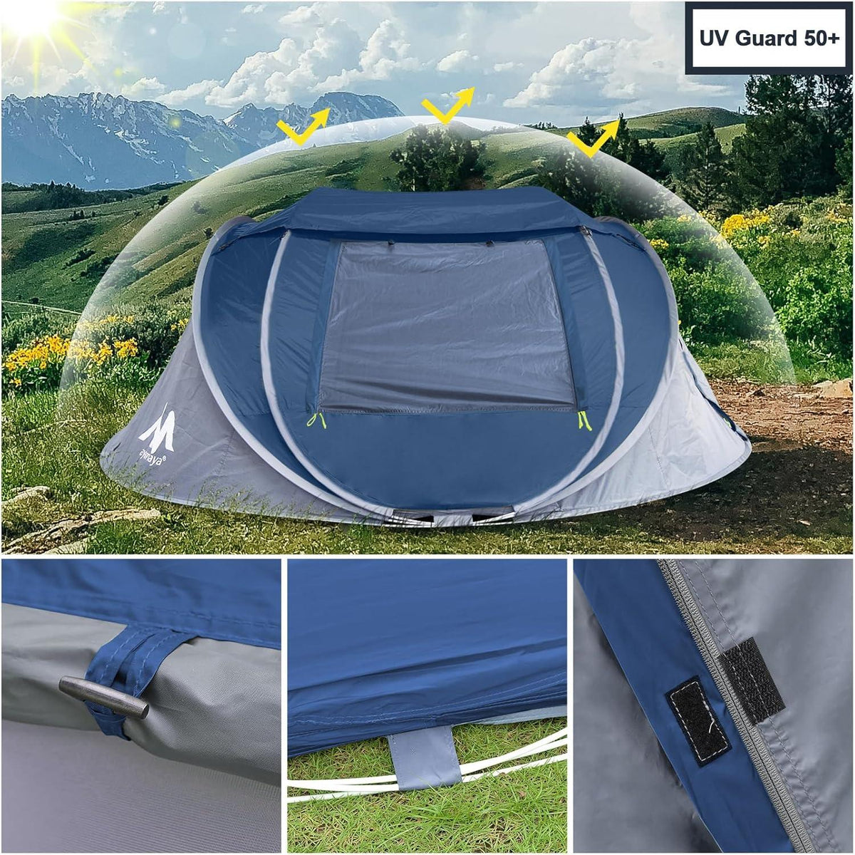 Pop Up Zelt 3-4 Personen Große Dachfenster Wasserdicht Strandzelt Marineblau