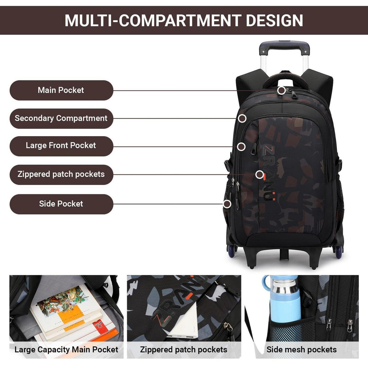 Schulrucksack Trolley Braun für Jungen mit Rollen & Abnehmbar