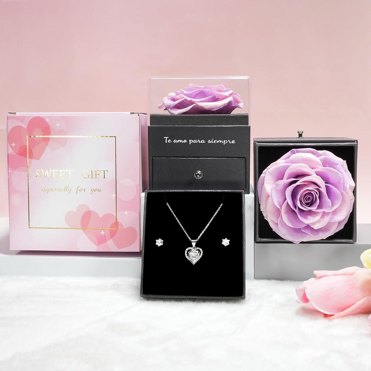 Ewige Rote Rose Konservierte Blumen Herz Halskette Set für Frauen - Geschenkbox für Weihnachten, Muttertag, Jubiläum