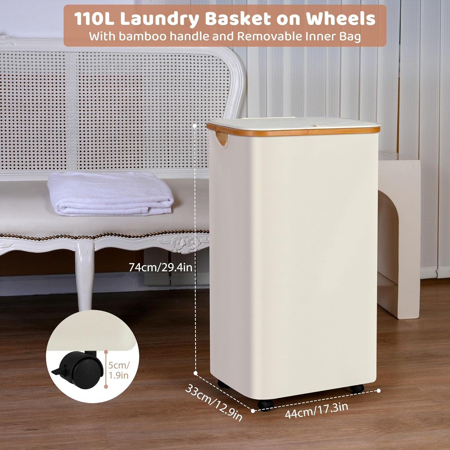 iEGrow 110L Wäschekorb mit Deckel, Rollen und