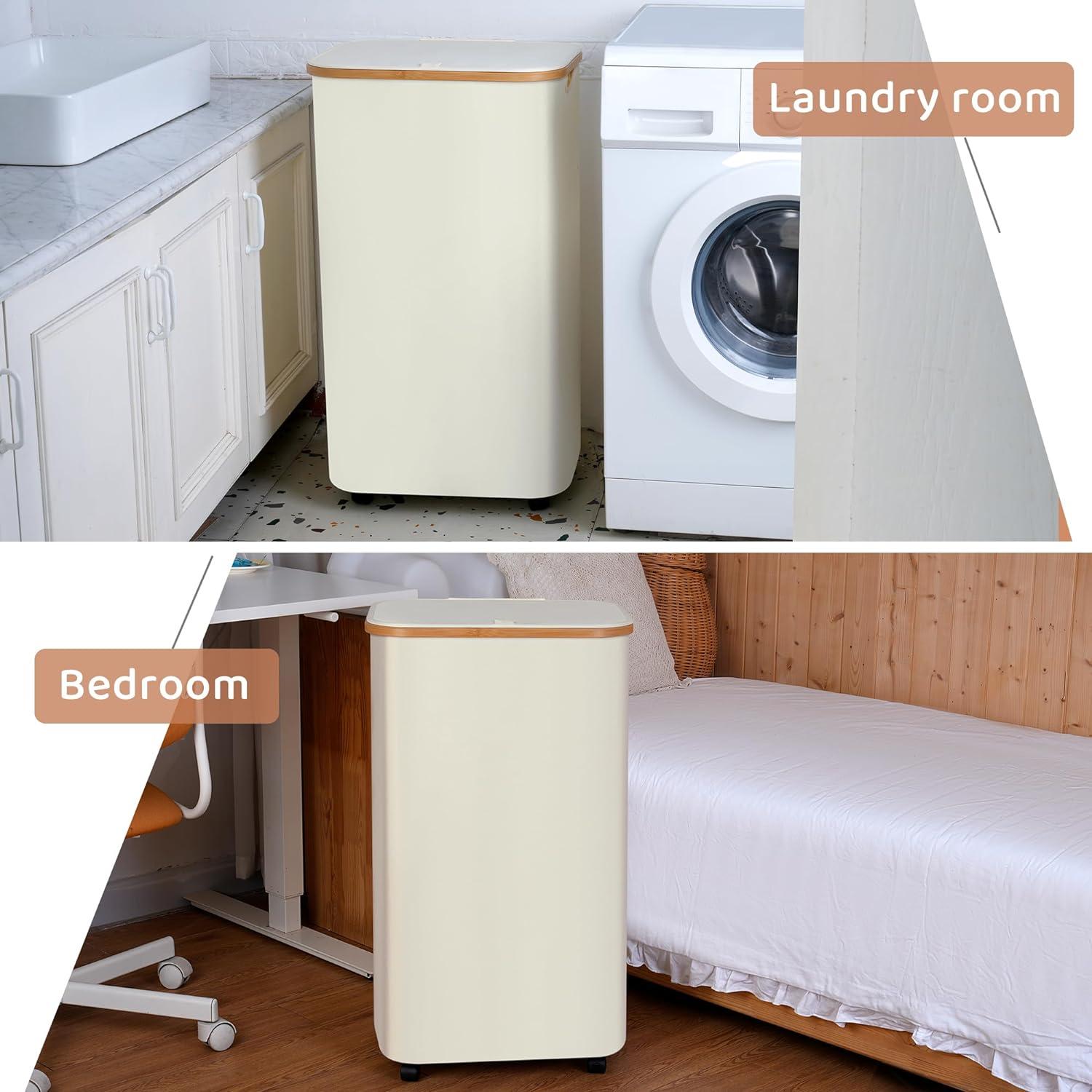 Wäschekorb 110L mit Deckel und Rollen Bambusgriff Beige
