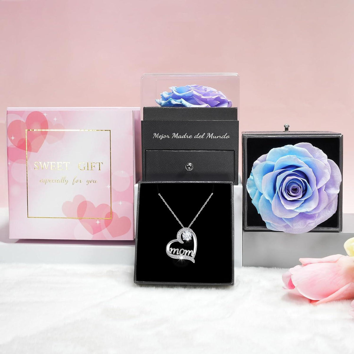 Sunia Ewige Rose Geschenkset mit Mom Halskette - Liebevoll verpackt - 925er Silber - Muttertag Valentinstag Geburtstag