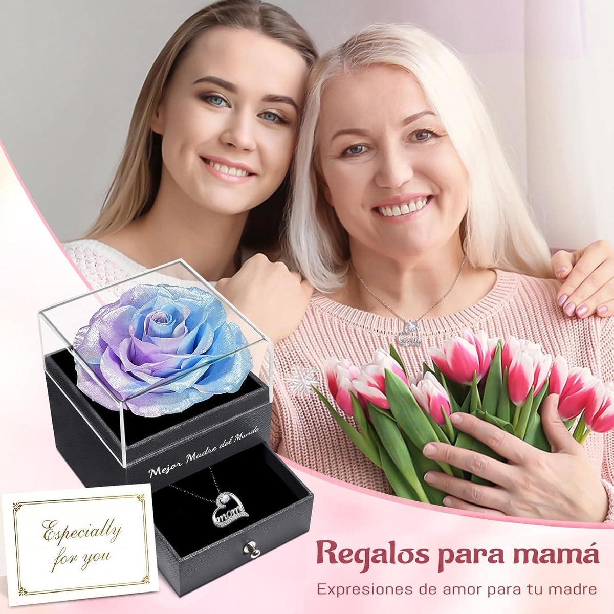 Ewige Echte Rose mit Mom Halskette aus 925 Sterlingsilber
