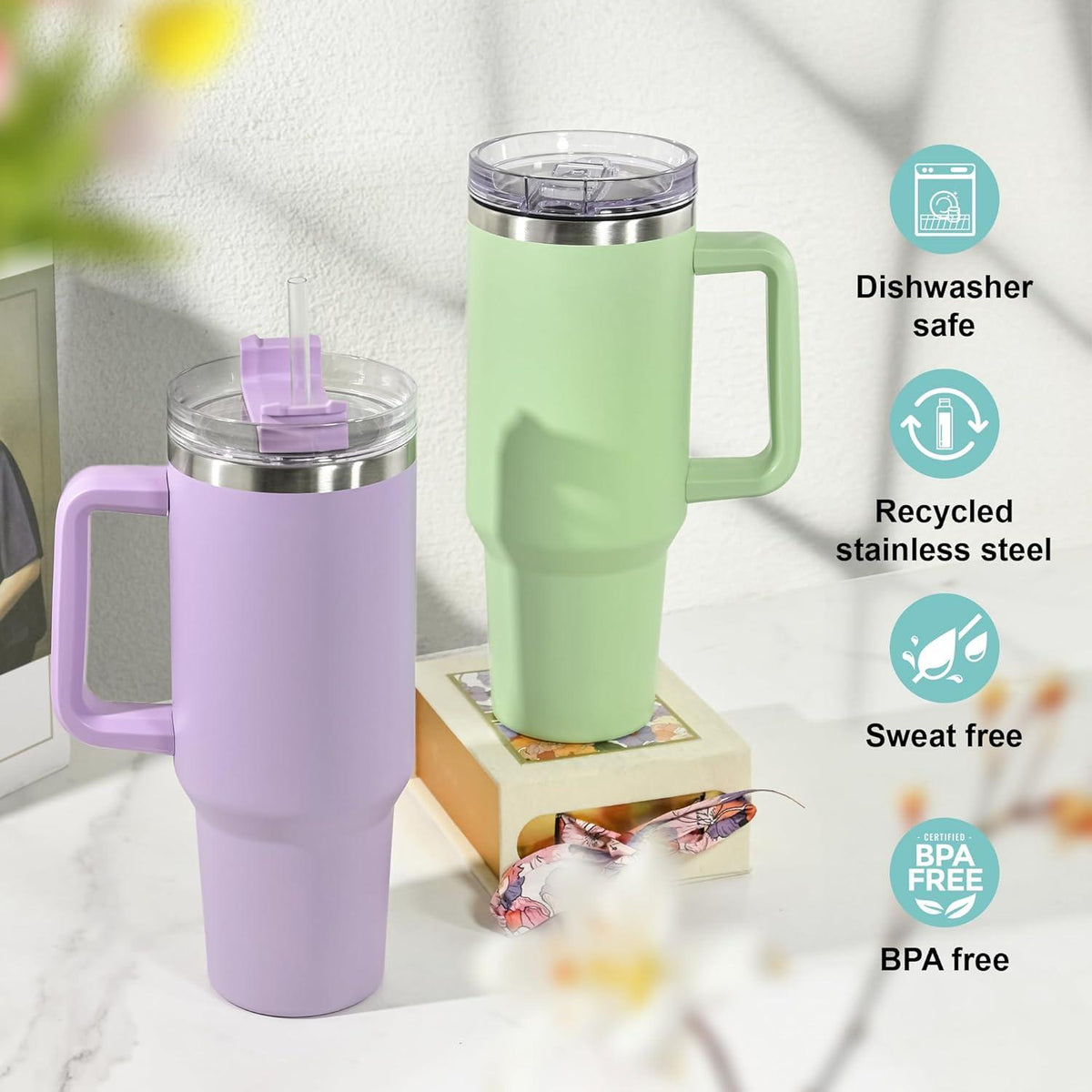 Thermobecher 1,2L Auslaufsicherer Kaffeebecher mit Henkel, Strohhalm