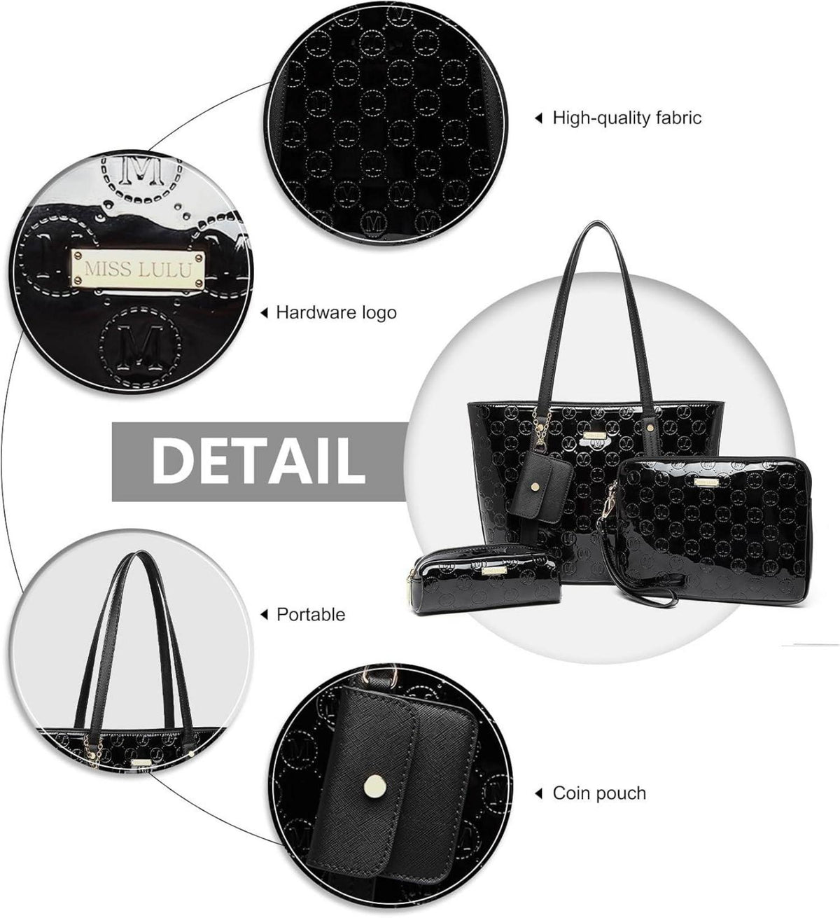 Damen Handtasche Shopper Mittelgroß Schultertaschen Set - Schwarz