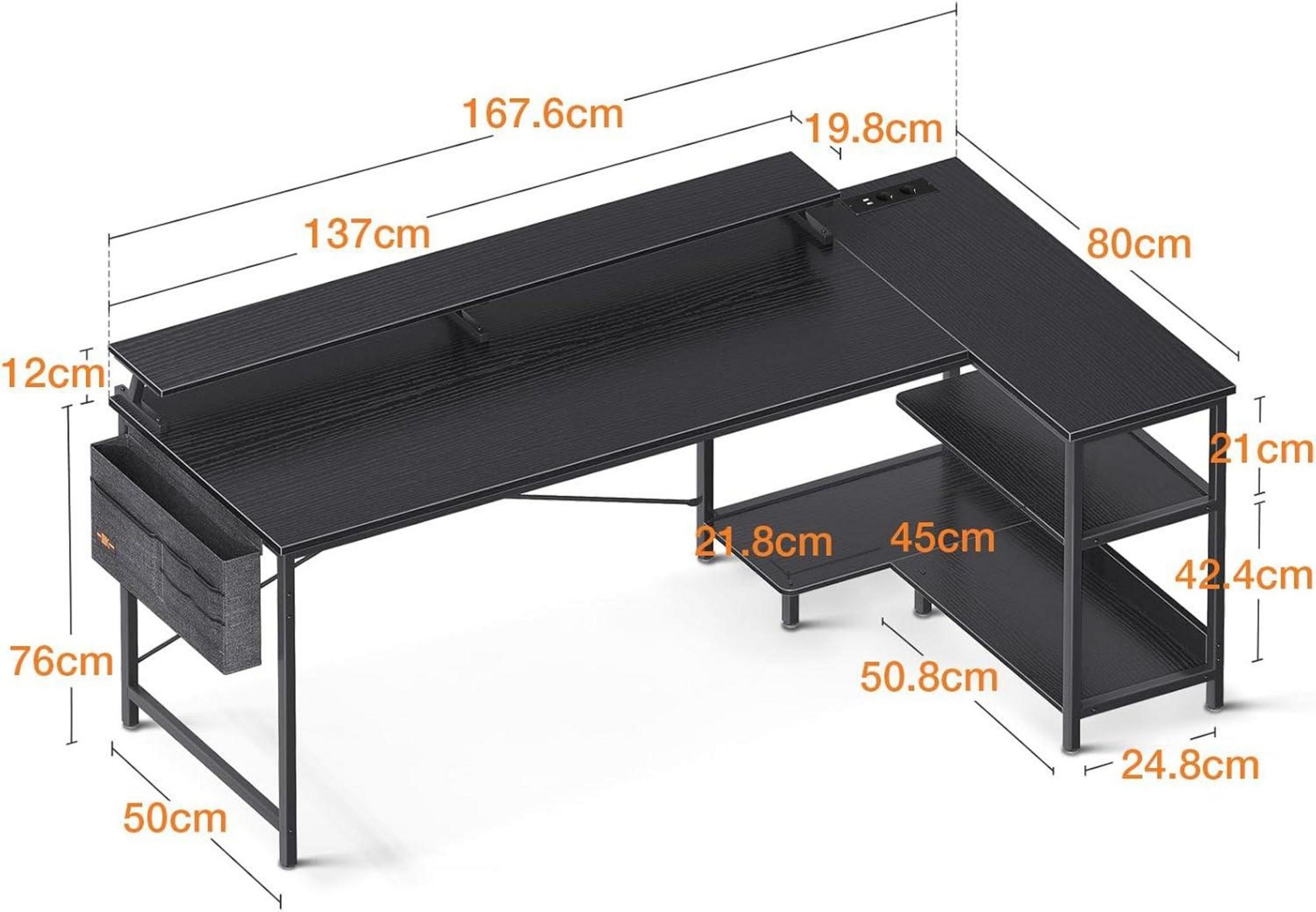 ODK Schreibtisch L Form mit USB-Ladeanschluss Weiß 168x80cm