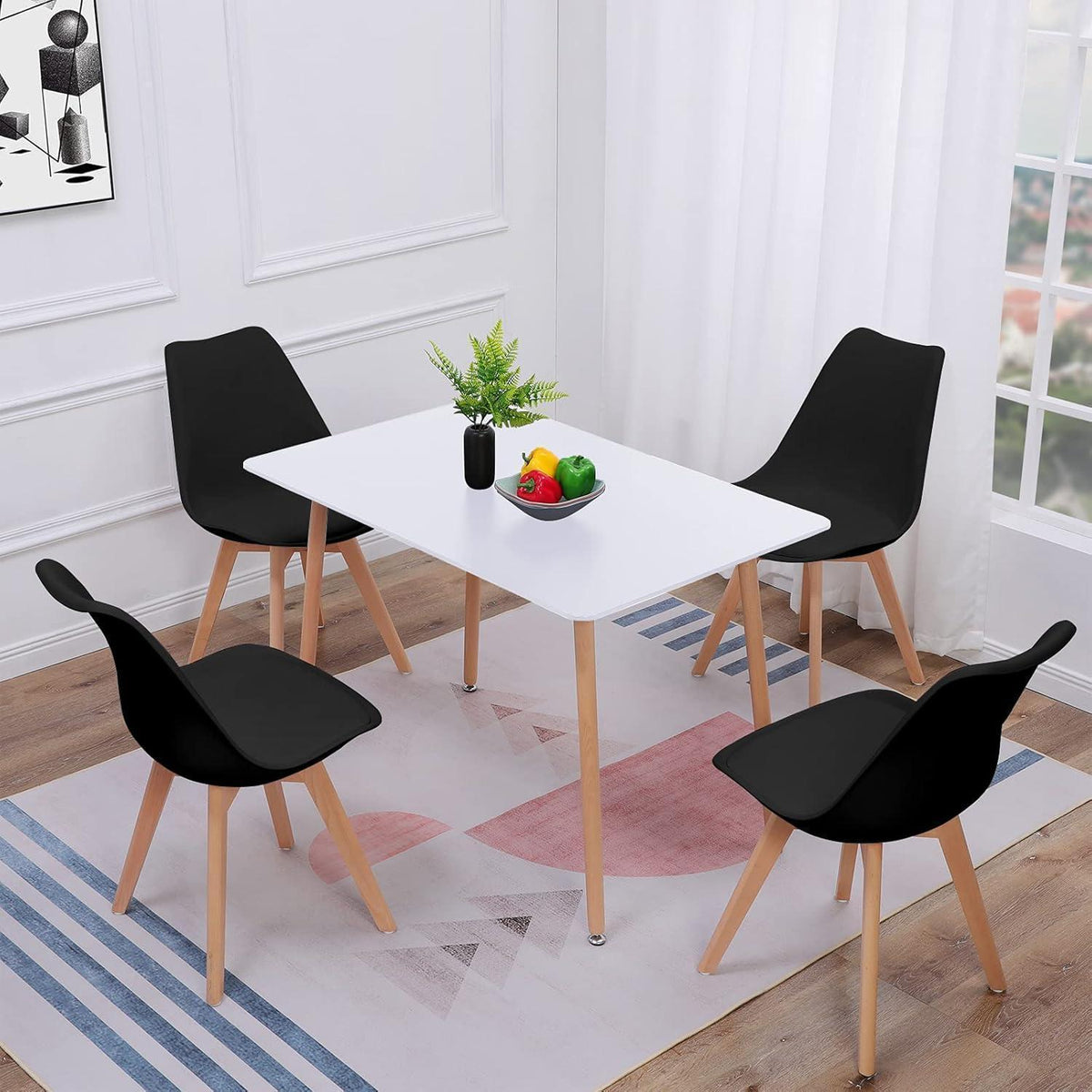 Esszimmergruppe Weißer Tisch mit 4 Schwarz Stühlen