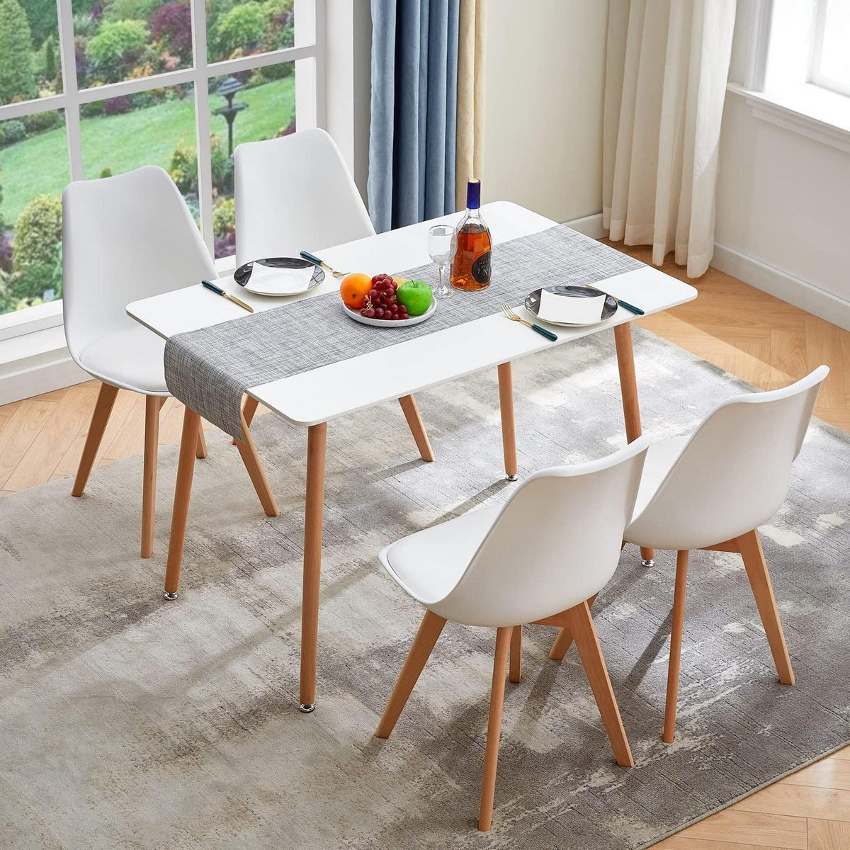 Esszimmergruppe Weiß mit 4 Buche-Stühlen | Modernes Esszimmer-Set