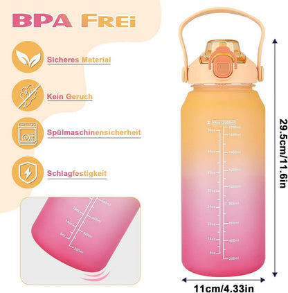 Trinkflasche 2l mit Strohhalm, Früchtebehälter, Zeitmarkierung