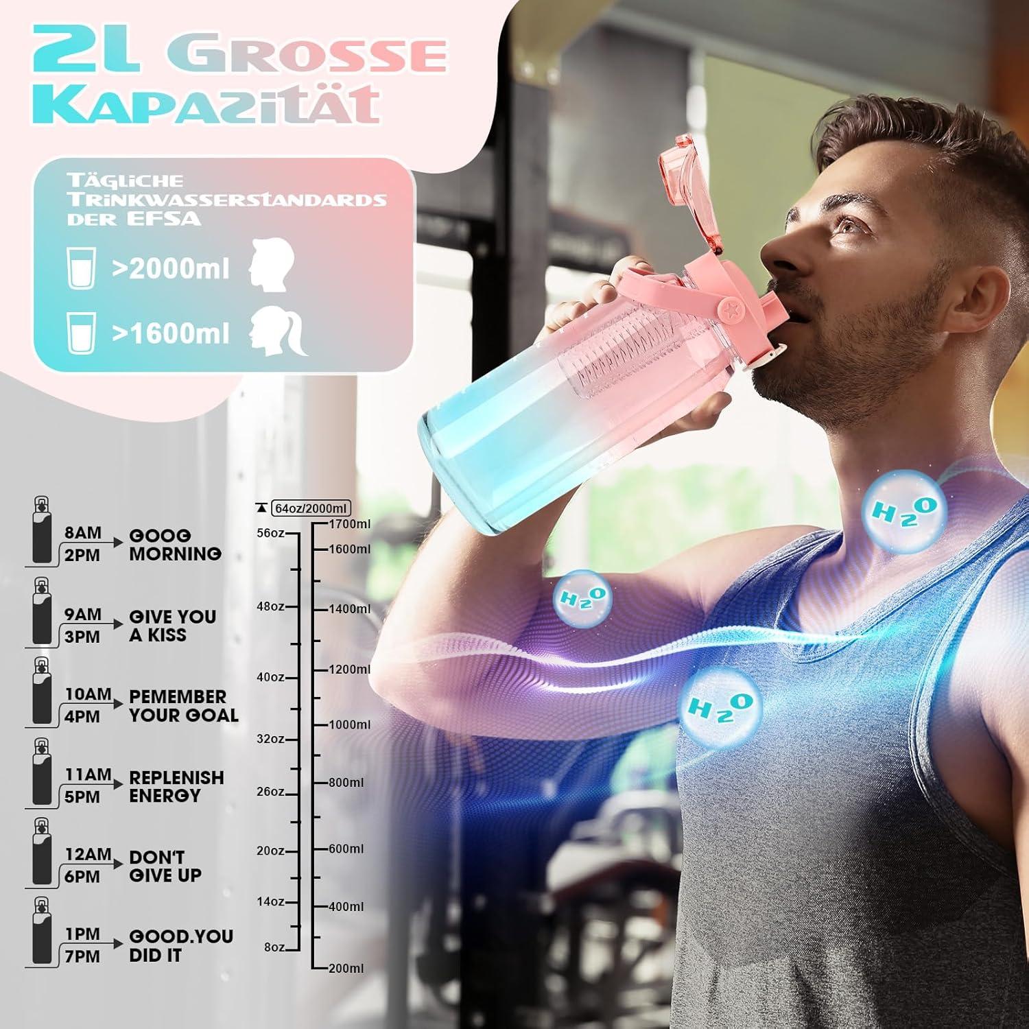 AOPREL Trinkflasche 2l mit Strohhalm und Früchtebehälter, BPA Frei, Auslaufsicher, Zeitmarkierung
