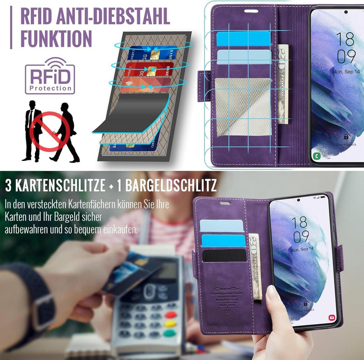 Samsung Galaxy S21 Handyhülle RFID Schutz Premium PU Leder Klapphülle mit Kartenfach und Standfunktion, Lila