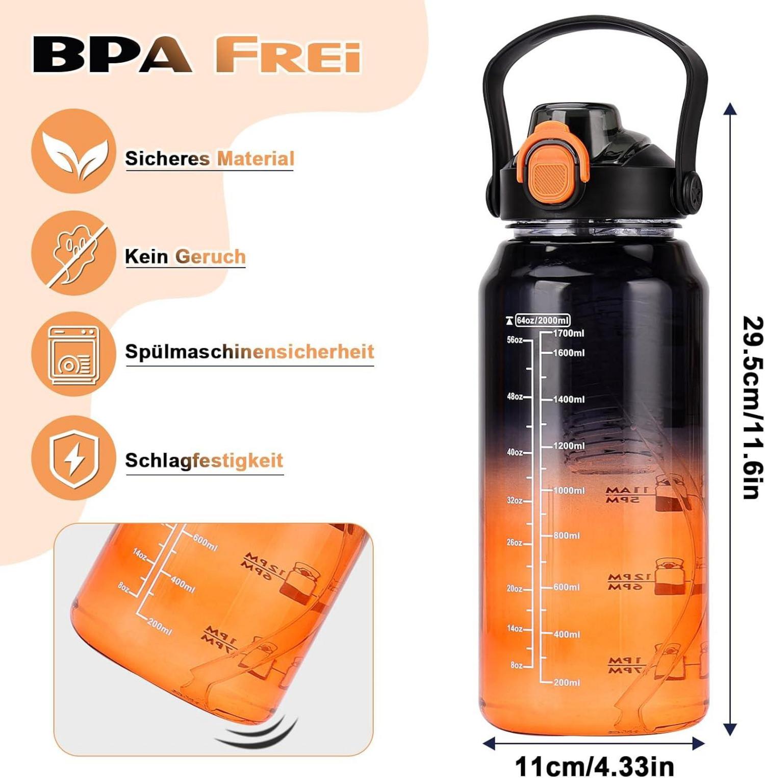 Trinkflasche 2l mit Strohhalm, Zeitmarkierung & Früchtebehälter