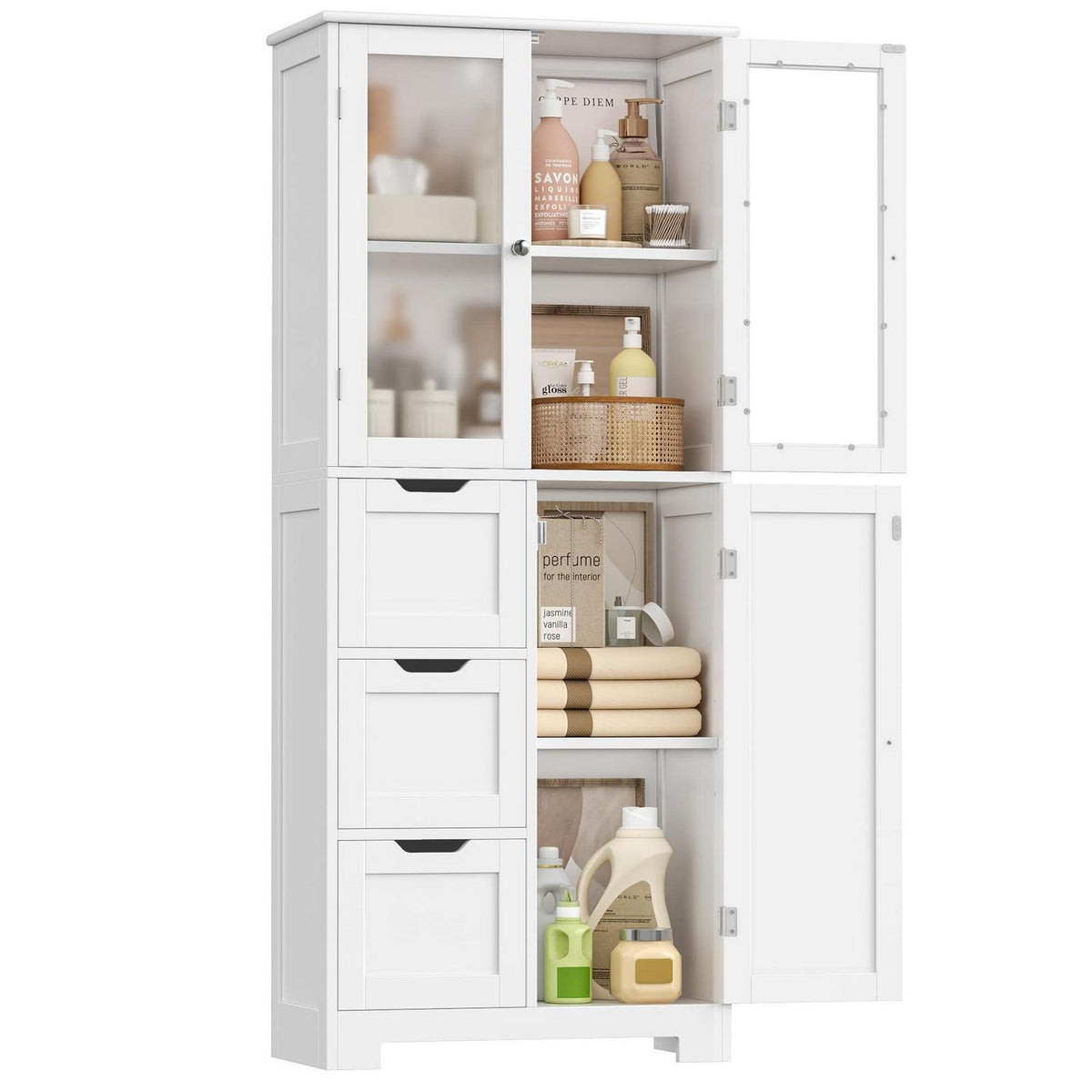 Hochschrank Badezimmerschrank mit 3 Türen & Schubladen Weiß