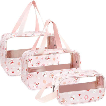 Transparente Kosmetiktaschen Set 3 Stück, Wasserdicht PVC Kulturbeutel Rosa