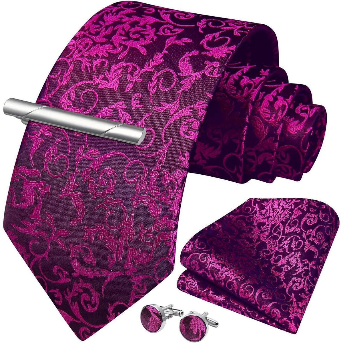 Herren Krawatten-Set mit Einstecktuch & Manschettenknöpfen, Heiß Rosa