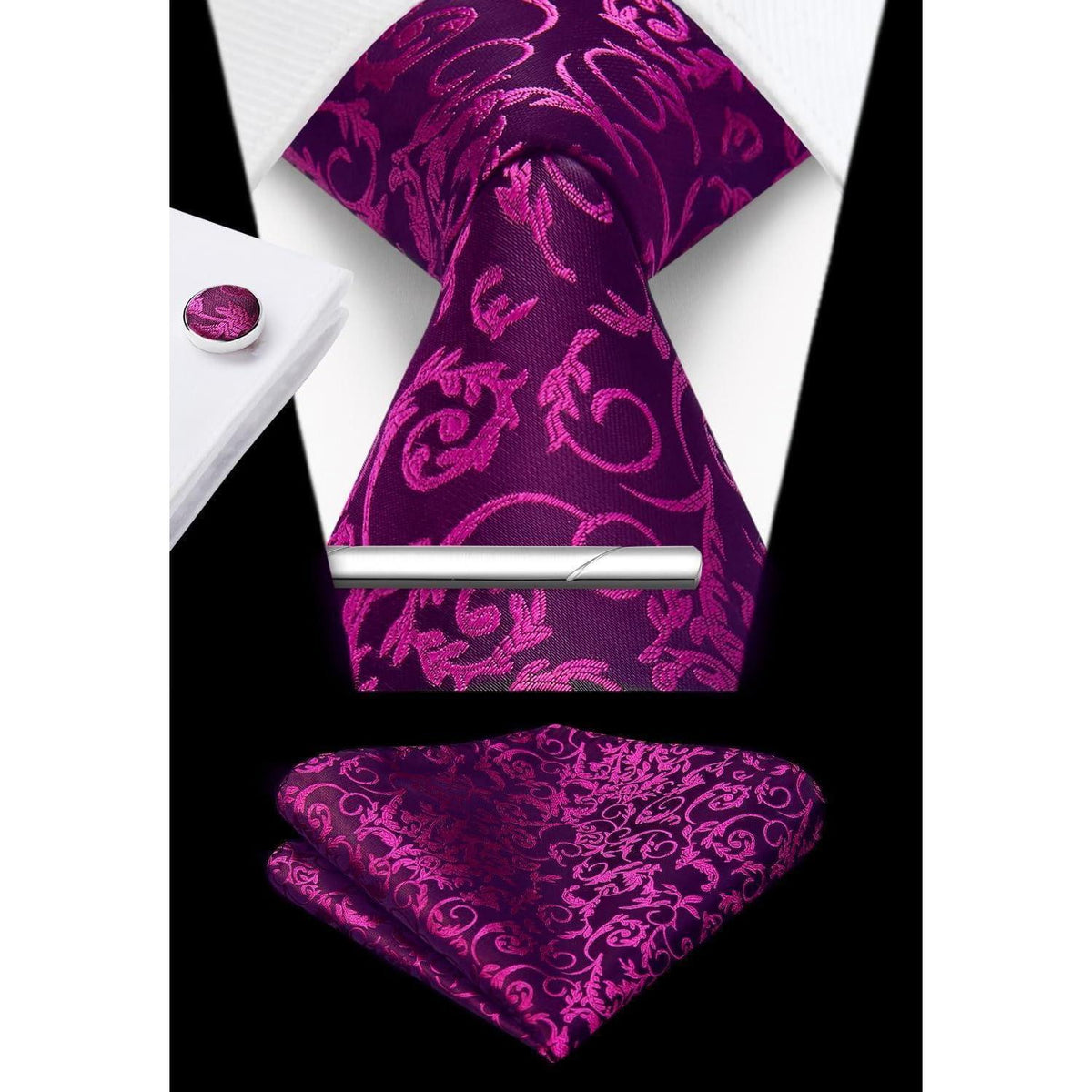 Herren Krawatten-Set mit Einstecktuch & Manschettenknöpfen, Heiß Rosa