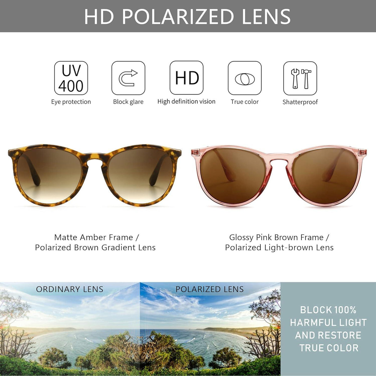 Runde Damen Vintage Sonnenbrille Polarisiert UV400 2er-Pack