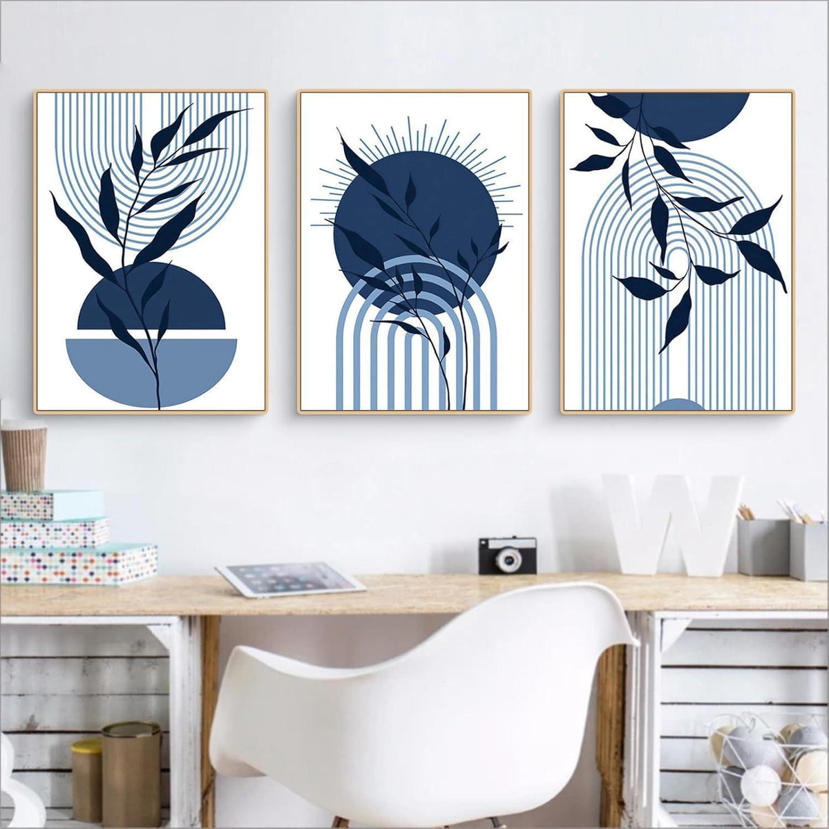 3er Boho Bilder Set Blau Abstrakt Pflanzen Wandposter 50x70cm