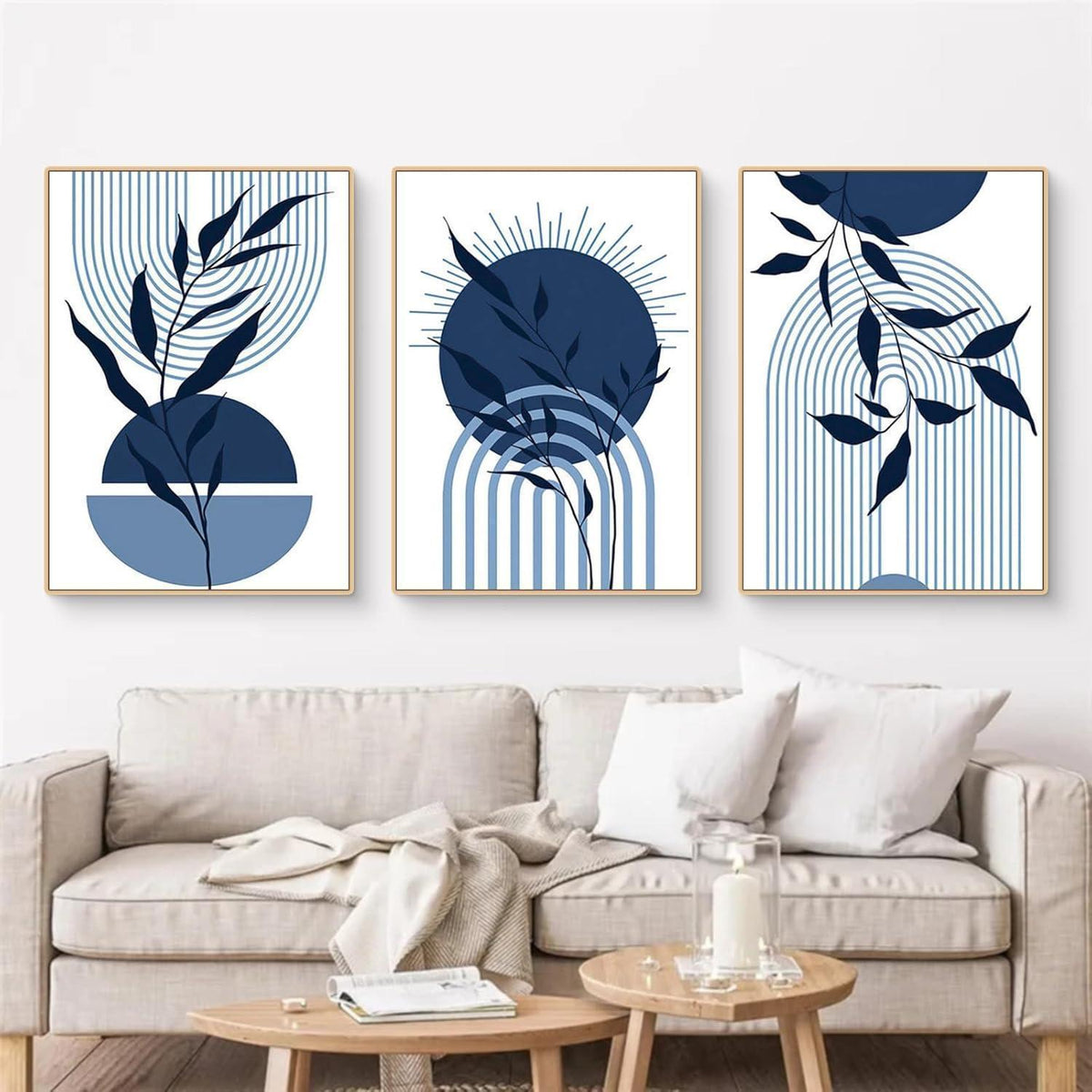3er Boho Bilder Set Blau Abstrakt Pflanzen Wandposter 50x70cm