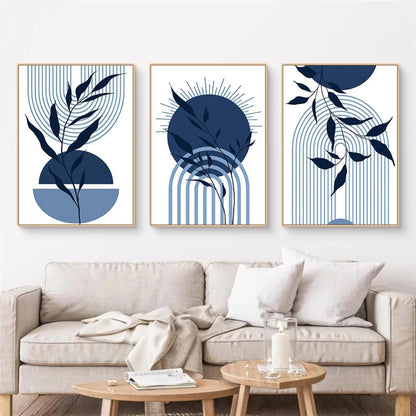 3er Boho Bilder Set Blau Abstrakt Pflanzen Wandposter 50x70cm