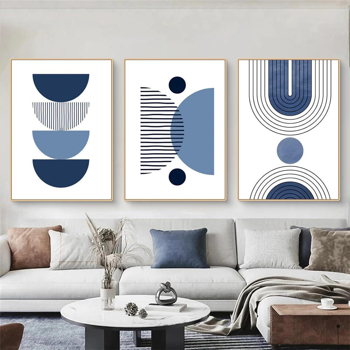 3er Boho Bilder Set Abstrakt Blau Pflanzen Wandposter Set 40x50cm
