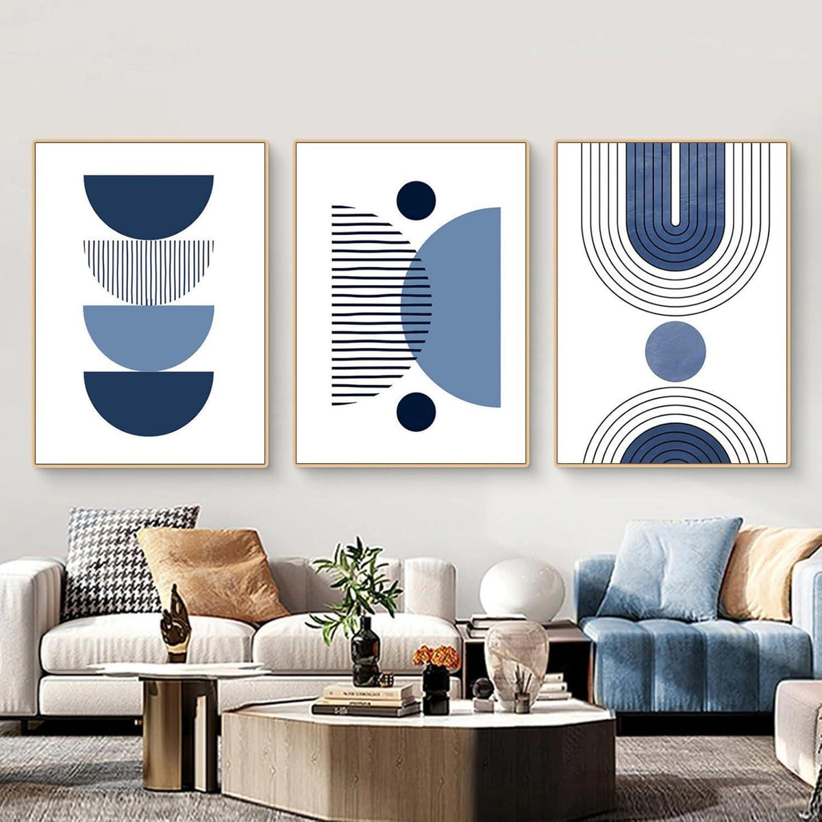3er Boho Bilder Set Abstrakt Blau Pflanzen Wandposter 50x70cm