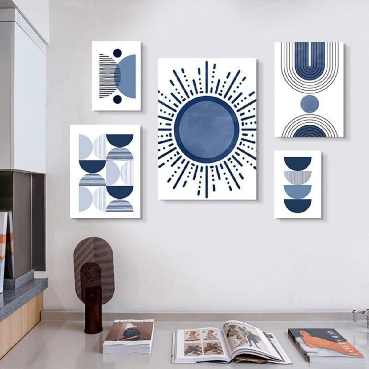 3er Boho Bilder Set Abstrakt Blau Pflanzen Wandposter 50x70cm