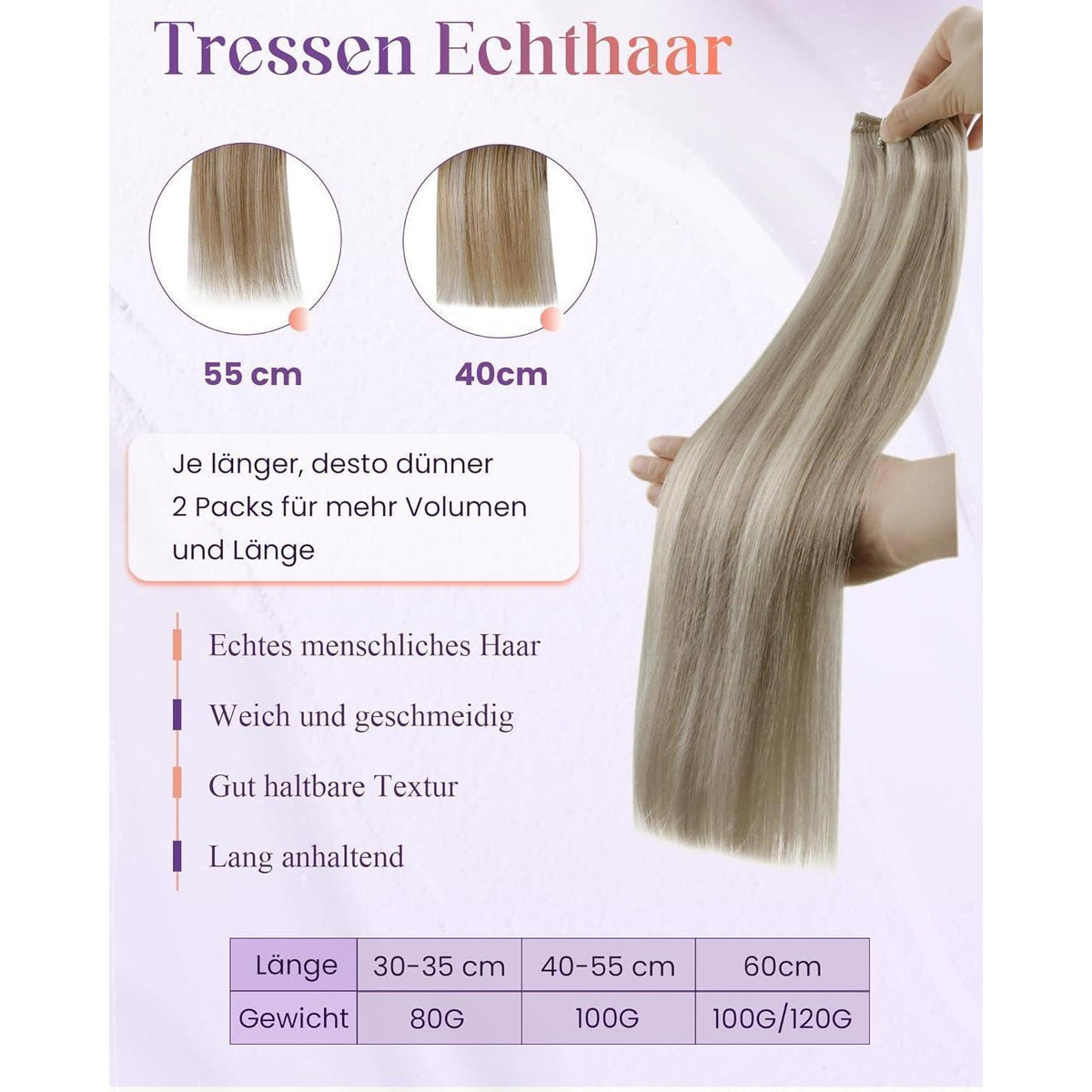 Echthaar Tressen Blond Highlight #P18/613 – 50cm, 100g