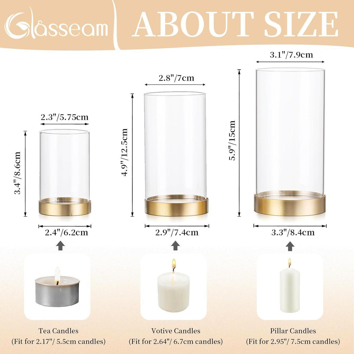 Windlicht Glas Kerzenhalter 6er Set Groß Gold mit Zylinder für Deko