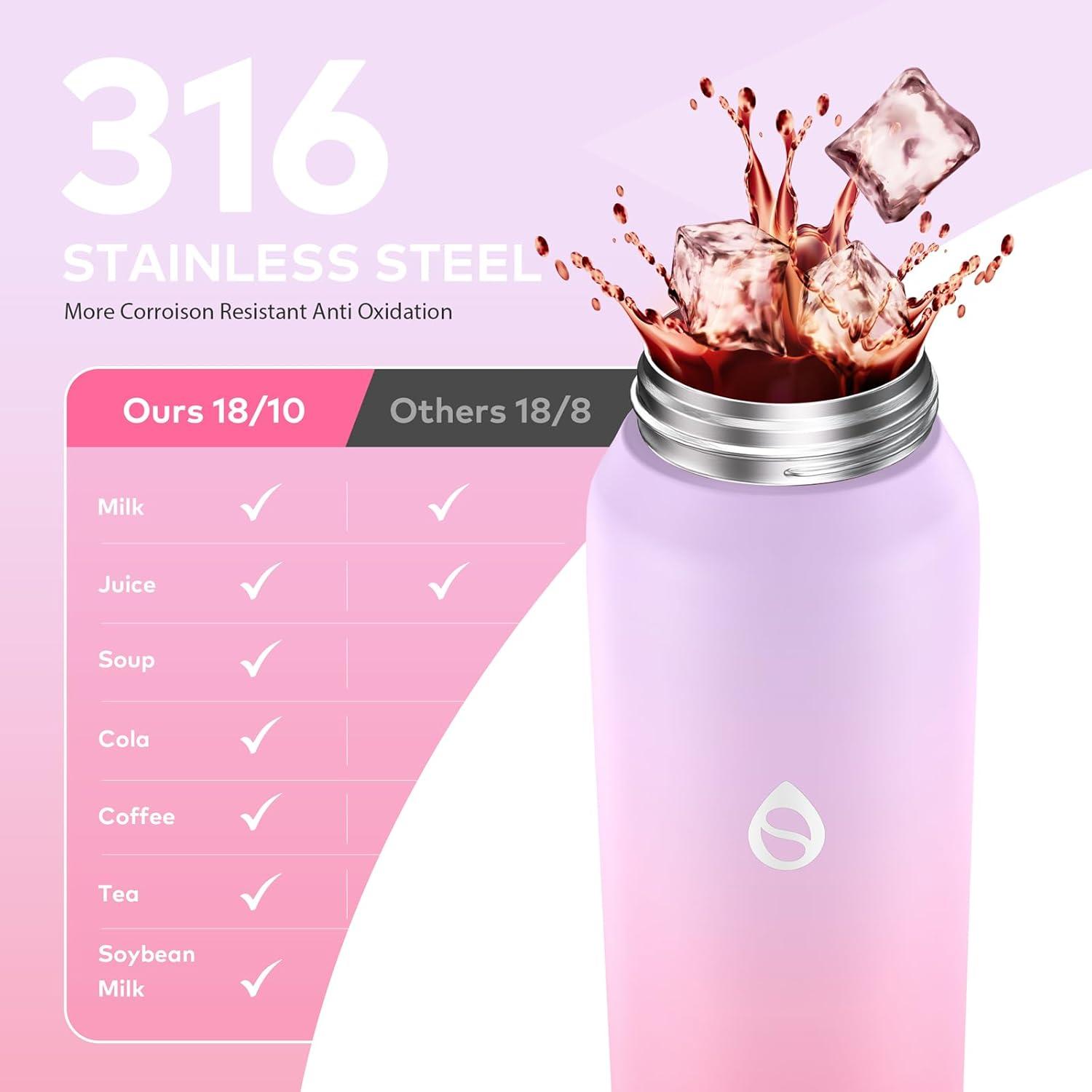 Edelstahl Sport Trinkflasche mit Strohhalm 1L lila/rosa
