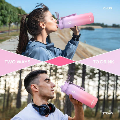 Edelstahl Trinkflasche mit Abnehmbarem Strohhalm 1L LILA ROSA