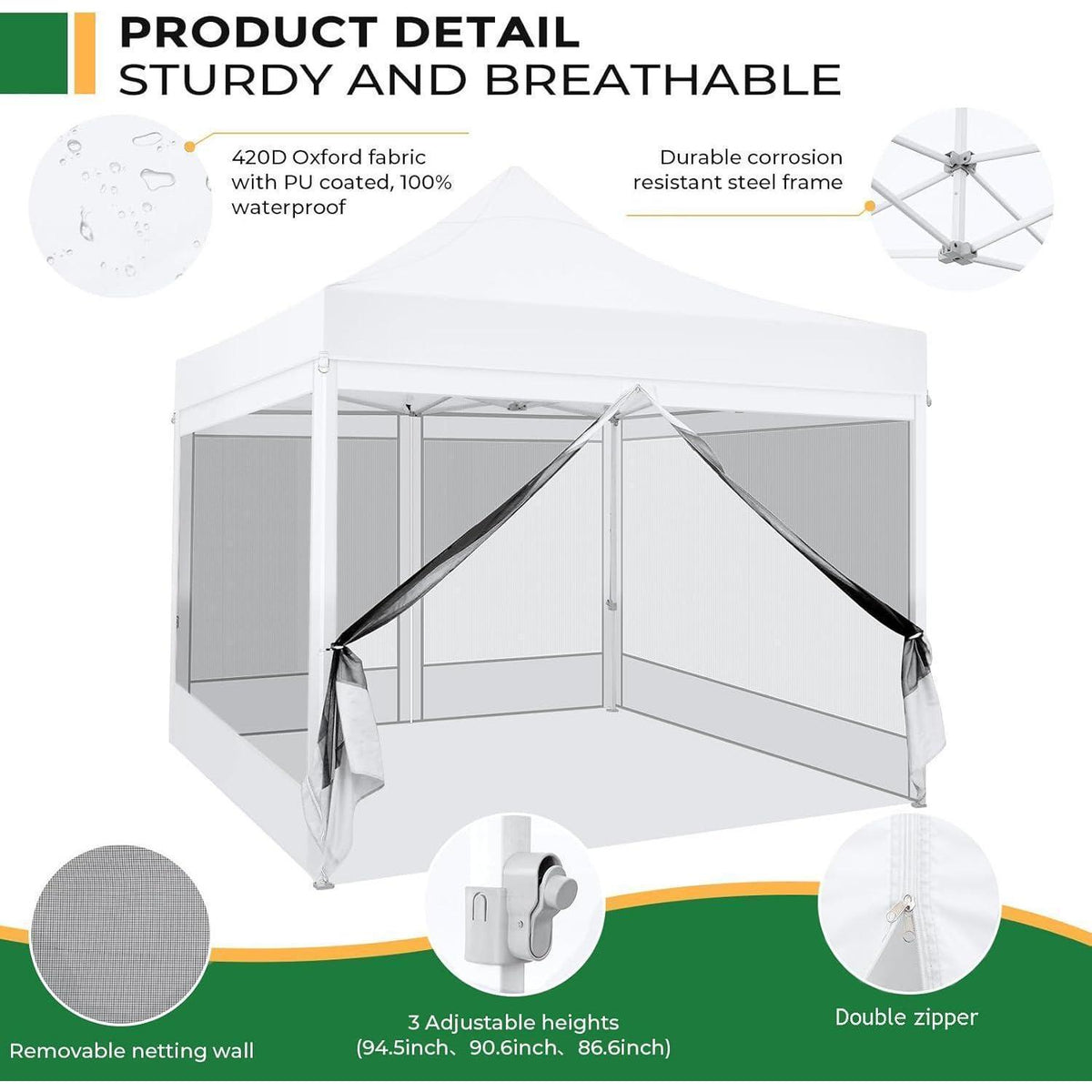 Faltpavillon 3x3 Wasserdicht mit Seitenwänden & Moskitonetz